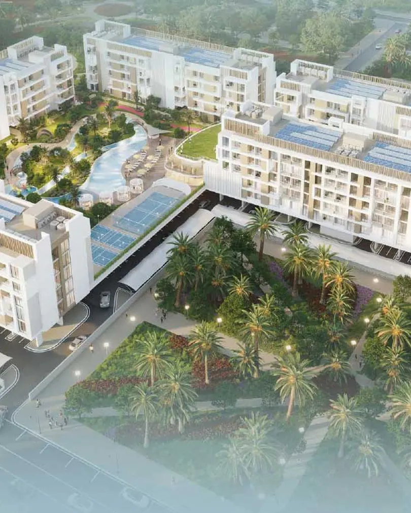 Aerial view of the six Torino buildings around the courtyard and its lagoon pool